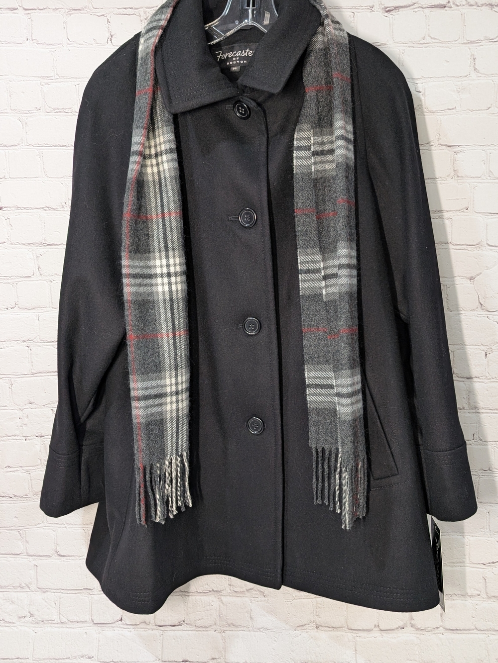 Forecaster Women’s Black Wool Blend Pea Coat with Plaid Scarf